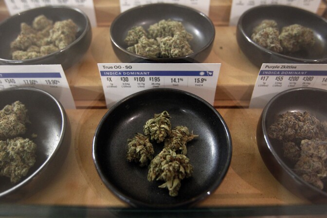 File: Different types of marijuana sit on display at Harborside marijuana dispensary, Monday, Jan. 1, 2018, in Oakland.