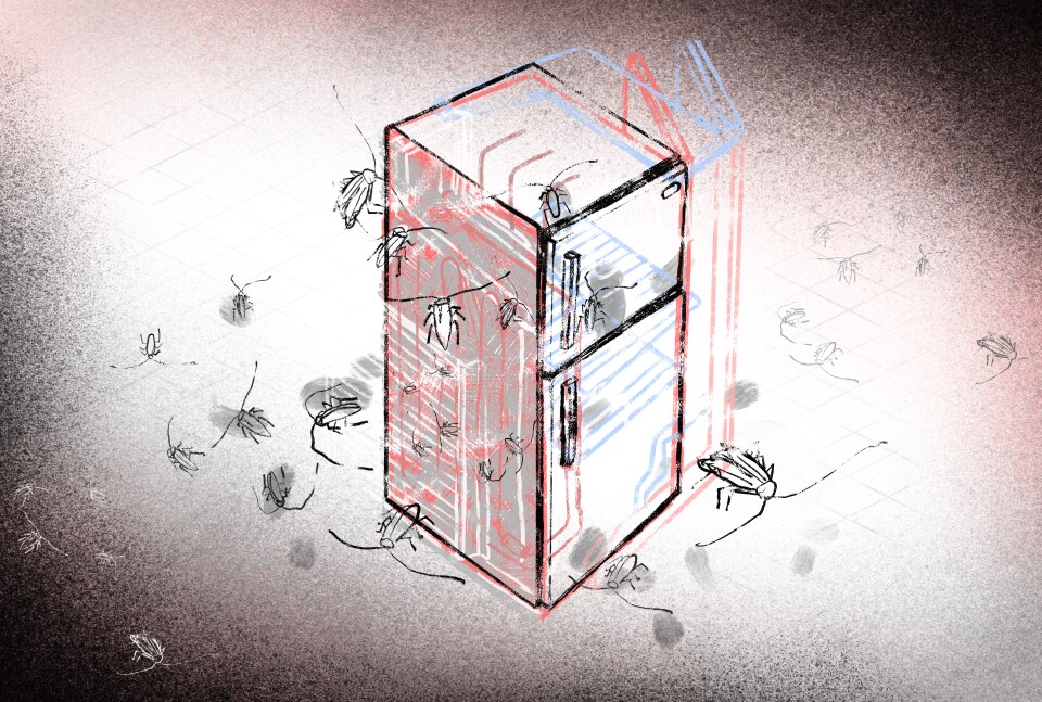 A black, white, and red line drawing of a refrigerator, with a mostly bare background. Cockroaches are all over the outside and on the ground.
