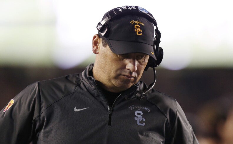 BOSTON, MA- SEPTEMBER 13:  Head coach Steve Sarkisian # of the USC Trojans paces the sidelines during the second half of their 37-31 loss to the Boston College Eagles at Alumni Stadium on September 13 in Chestnut Hill, Massachusetts.  (Photo by Winslow Townson/Getty Images)