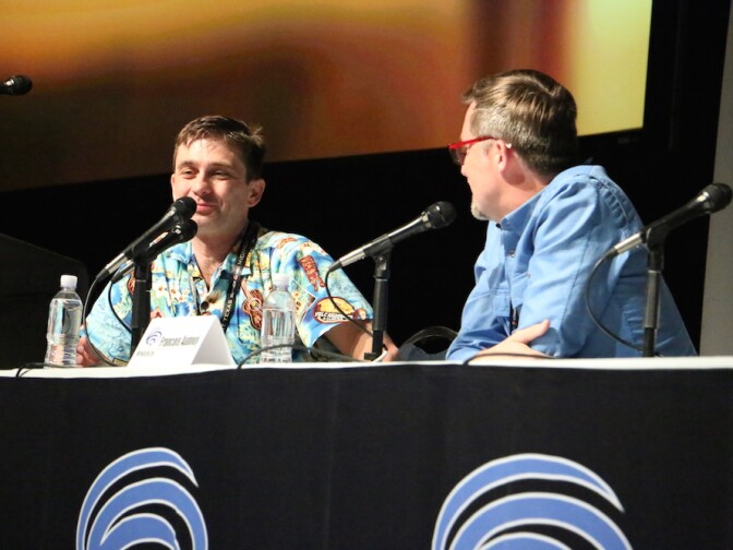 Previsualization and postvisualization supervisor Clint Reagan with "Logan" production designer François Audouy, discussing the making of the film "Logan" at WonderCon on Friday, March 31, 2017.