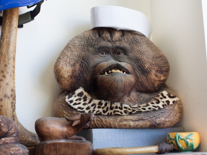 A wax infusion orangutan in the offices of The Natural History Museum in Los Angeles.