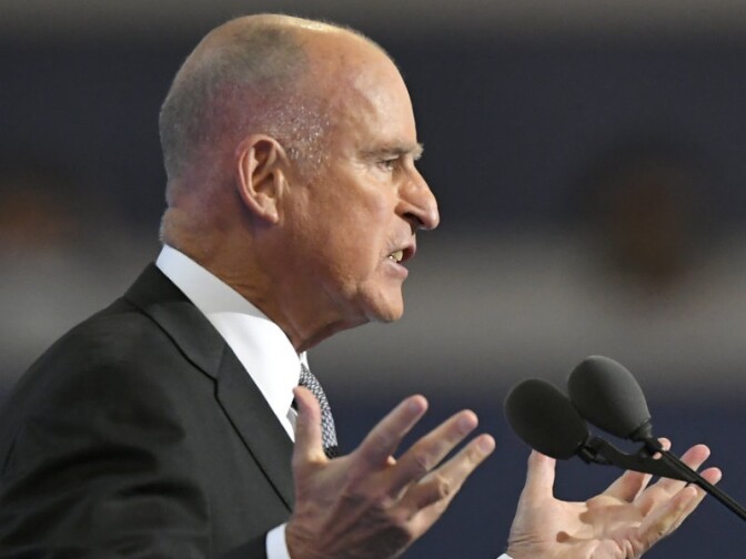 File: California Gov. Jerry Brown speaks during the third day of the Democratic National Convention in Philadelphia, Wednesday, July 27, 2016.