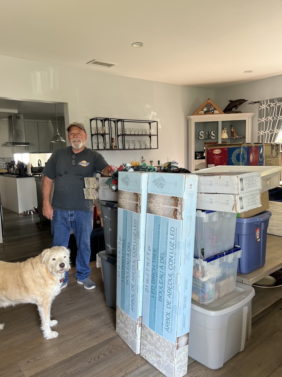 A white man wearing a grey t-shirt and blue jeans stands beside storage boxes while his dog watches on.