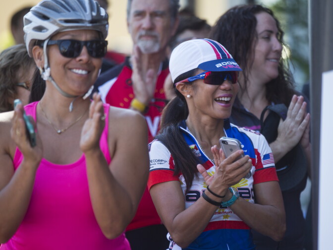 Cyclists attend a press conference for the Three Feet for Safety Act on Wednesday morning, Sept. 10 at Serious Cycling in Northridge. Starting September 16, drivers must give cyclists at least three feet of clearance.