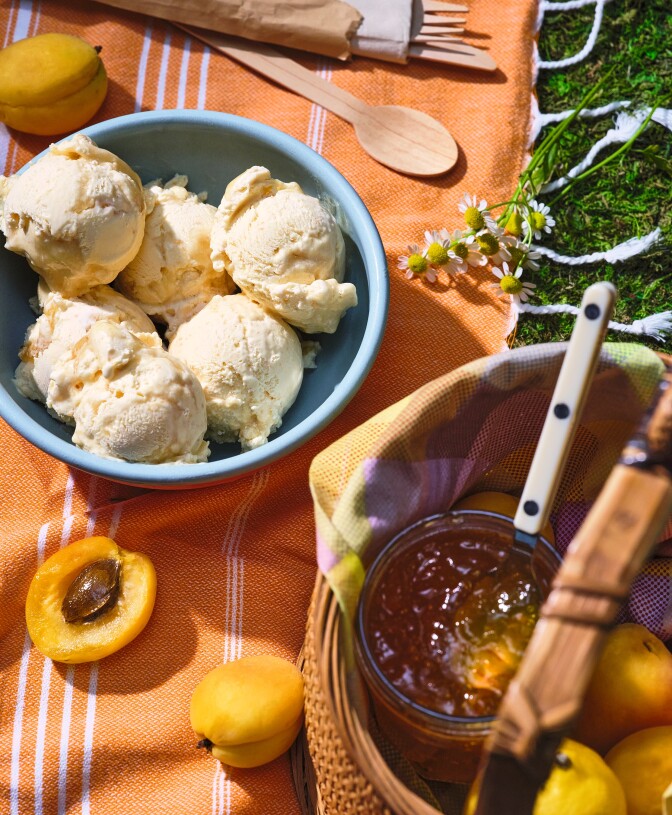 Picture of a picnic with ice cream and jam