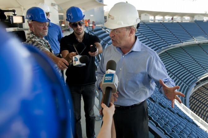 Los Angeles Dodgers president Stan Kasten speaks during a media preview of the off-season renovations at Dodger Stadium on Thrusday, March 14.