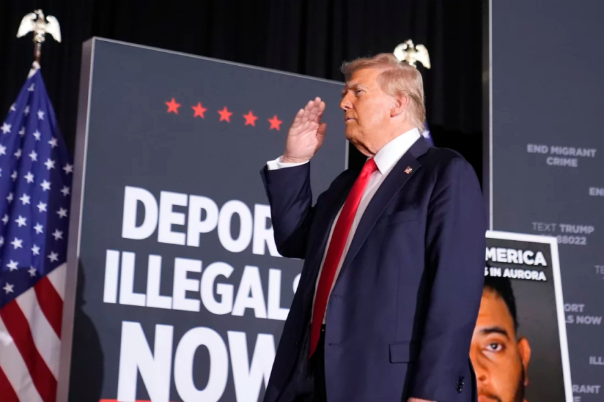 Man in a navy suit and red tie salutes. There is an American flag and sign that reads in bold "Deport illegals now"