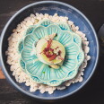 Overhead view of an oyster dish in a turquoise, scalloped ceramic dish set in a blue bowl of white stones. A pale green disc is topped with red seaweed and a small white blossom.