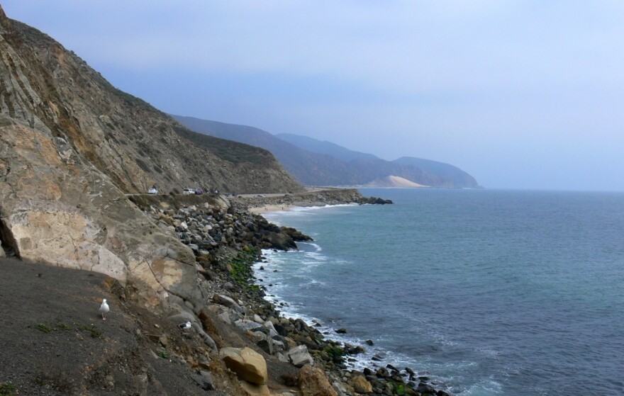 A view of the Pacific Coast Highway north of Malibu. Traffic will be start-and-stop Monday and Tuesday as Caltrans works to remove rocks and boulders that may have been dislodged by recent fires. 