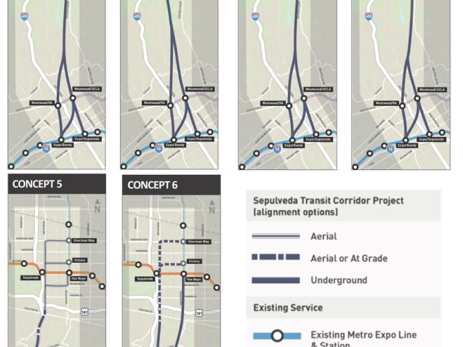 Maps of the potential routes, for the proposed Sepulveda transit center project.