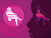 A pink and purple graphic depicts a therapist taking notes in a chair as a face looks on. 