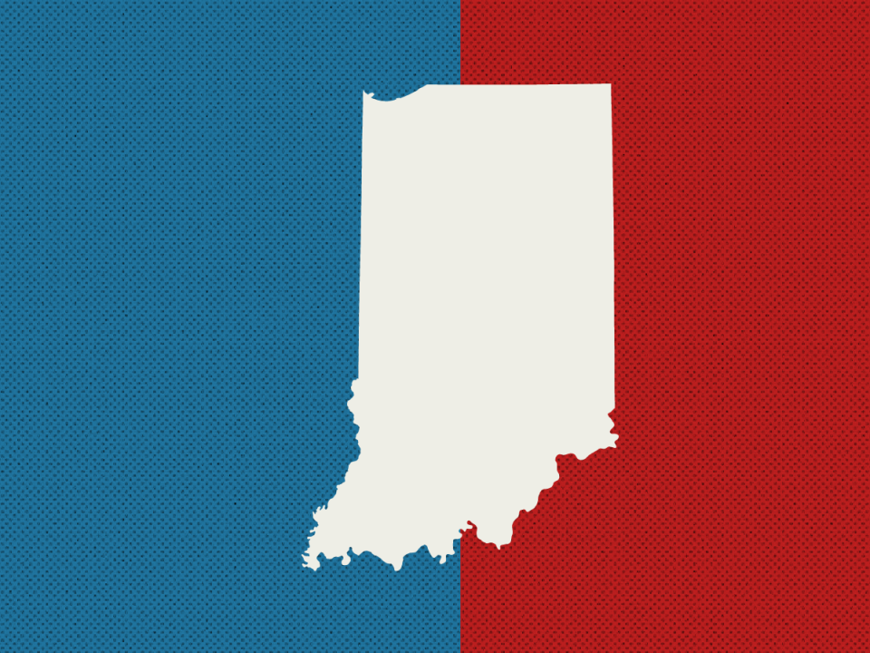 The shape of Indiana is white, with red and blue on either side.
