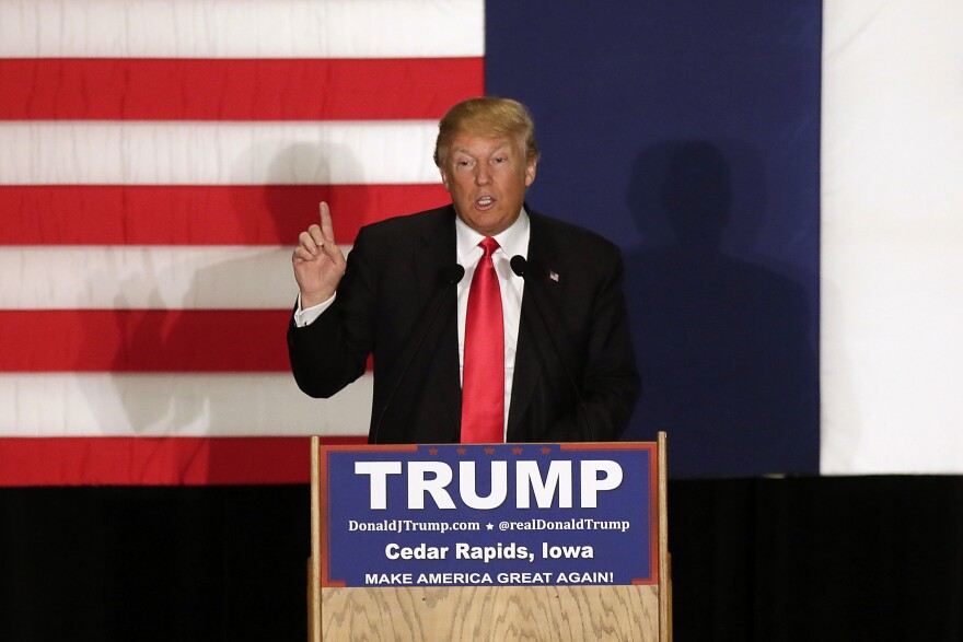 CEDAR RAPIDS, IA - FEBRUARY 1:  Republican presidential candidate Donald Trump speaks during a campaign event at the U.S. Cellular Convention Center February1, 2016 in Cedar Rapids, Iowa. Trump who is seeking the nomination for the Republican Party attends his final campaign rally ahead of tonight's Iowa Caucus. (Photo by Joshua Lott/Getty Images)