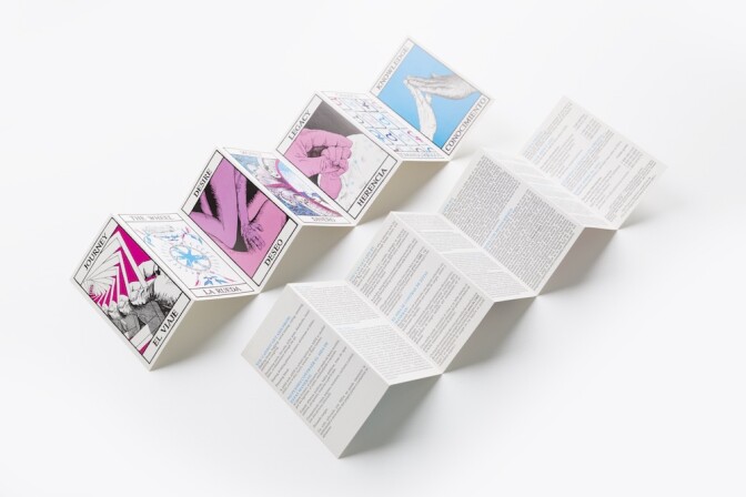 A pamphlet with tarot card-like drawings that illustrate ways to have safer sex, made by Kim Abeles in 1992.