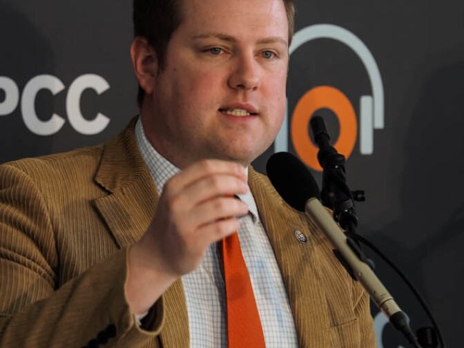 Panelist Charles Moran, outgoing chairman of Log Cabin Republicans of California speaks on his group's inclusion in the state GOP charter at Sunnylands in Rancho Mirage, CA. Photo by Bill Youngblood. 