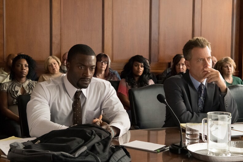 Aldis Hodge (left) as Brian Banks and Greg Kinnear (right) as Justin Brooks in "Brian Banks." 