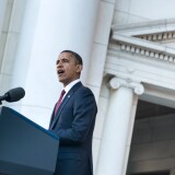 US President Barack Obama speaks during Veterans' Day ceremonies at Arlington National Cemetery November 11, 2012 in Arlington, Virginia.