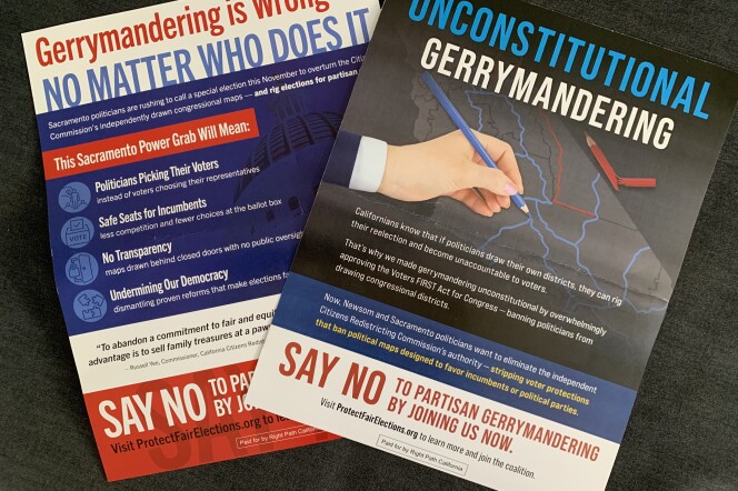 Two glossy mailers are displayed next to each other on a dark background. One reads "Unconstitutional gerrymandering" in large letters and the other reads "Gerrymandering is Wrong - No Matter Who Does It." 