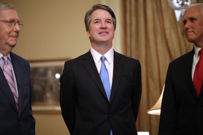 WASHINGTON, DC - JULY 10:  (L-R) Senate Majority Leader Mitch McConnell (R-KY), Judge Brett Kavanaugh and Vice President Mike Pence pose for photographs before a meeting in McConnell's office in the U.S. Capitol July 10, 2018 in Washington, DC. U.S. President Donald Trump nominated Kavanaugh to succeed retiring Supreme Court Associate Justice Anthony Kennedy.  (Photo by Chip Somodevilla/Getty Images)