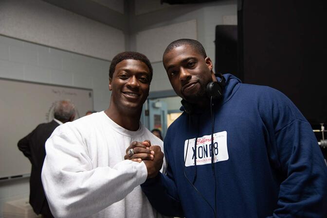 Actor Aldis Hodge (left) and the real life Brian Banks (right) on the set of Tom Shadyac’s "Brian Banks" a Bleecker Street release.