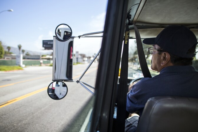 Rudy Quiroz, a supervising instructor at Dootson School of Trucking, drives through El Monte on Wednesday morning, March 15, 2017. Quiroz says a truck that's weighted down is a little easier to break than an empty one.