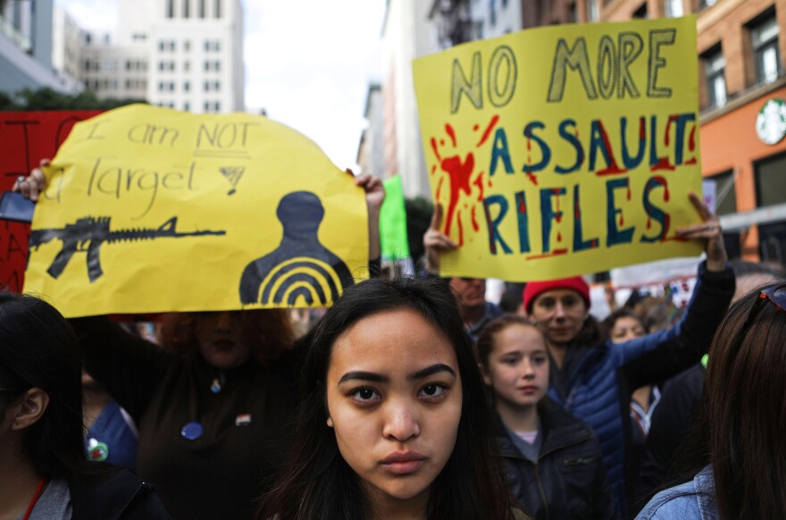 LOS ANGELES, CA - MARCH 24: Young activists stand before marching during the March for Our Lives rally on March 24, 2018 in Los Angeles, California. More than 800 March for Our Lives events, organized by survivors of the Parkland, Florida school shooting on February 14 that left 17 dead, are taking place around the world to call for legislative action to address school safety and gun violence.  (Photo by Mario Tama/Getty Images)