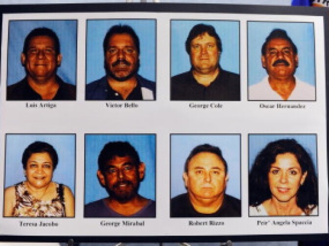 A display of pictures of current and former City of Bell council members who were arrested on corruption charges is seen following a news conference on September 21, 2010 in Los Angeles, California.