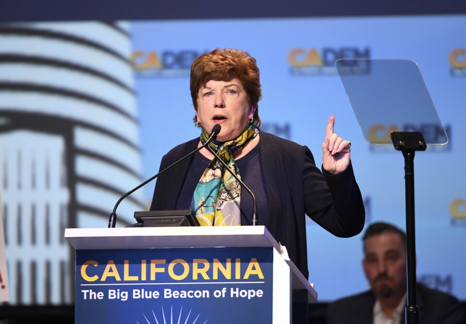 Democratic gubernatorial candidate Delaine Eastin speaks at the 2018 California Democrats State Convention Saturday, Feb. 24, 2018, in San Diego. (AP Photo/Denis Poroy)