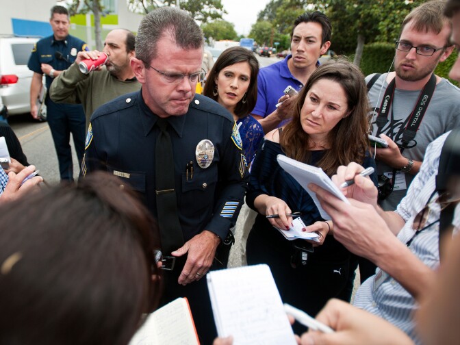 Richard Lewis of the Santa Monica Police Department speaks to the media during a press conference.