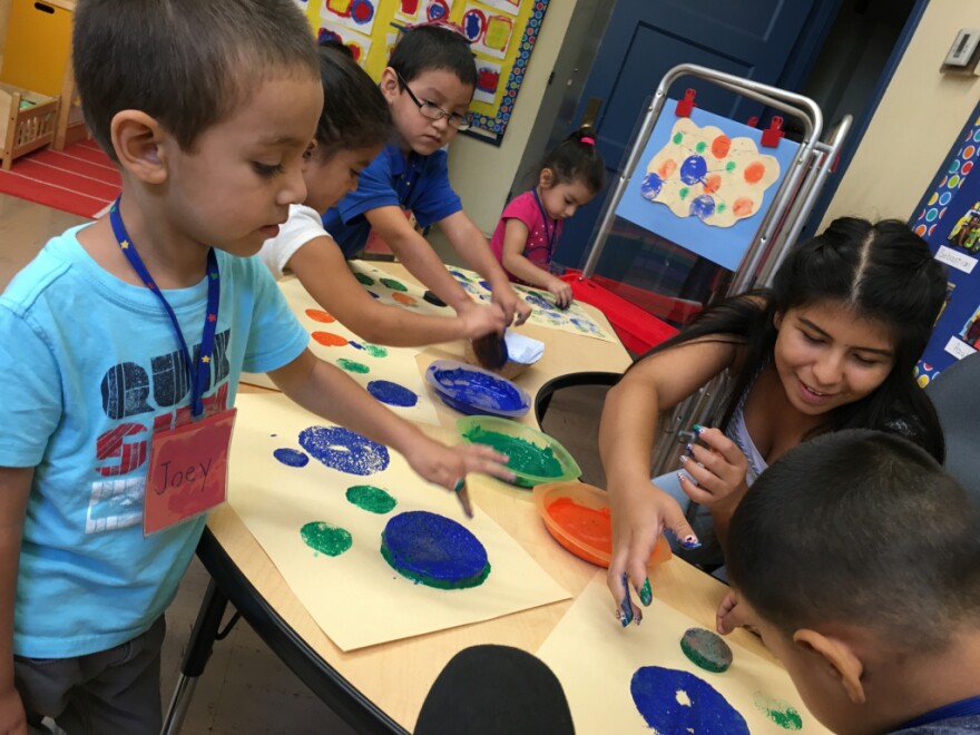 Children at Glassell Park Elementary school work on a painting project using sponges. This is one of LAUSD's 169 new ETK classrooms. 