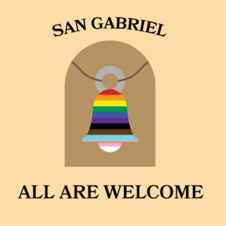 A mission-style bell in rainbow colors is depicted on a tan background. The words "San Gabriel" and "All Are Welcome" appear above and below the bell on a lighter tan background.
