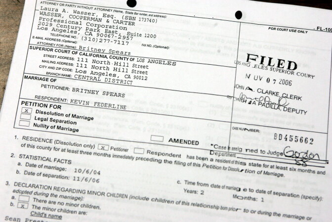 Divorce papers show that Britney Spears has filed for divorce from Kevin Federline in Los Angeles Superior Court November 7, 2006 in Los Angeles, California. 