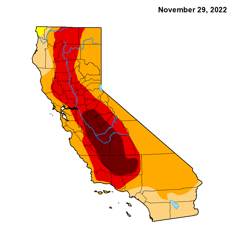 A map of California with varying degrees of orange to yellow blobs across it, indicating drought conditions in November 2022. 
