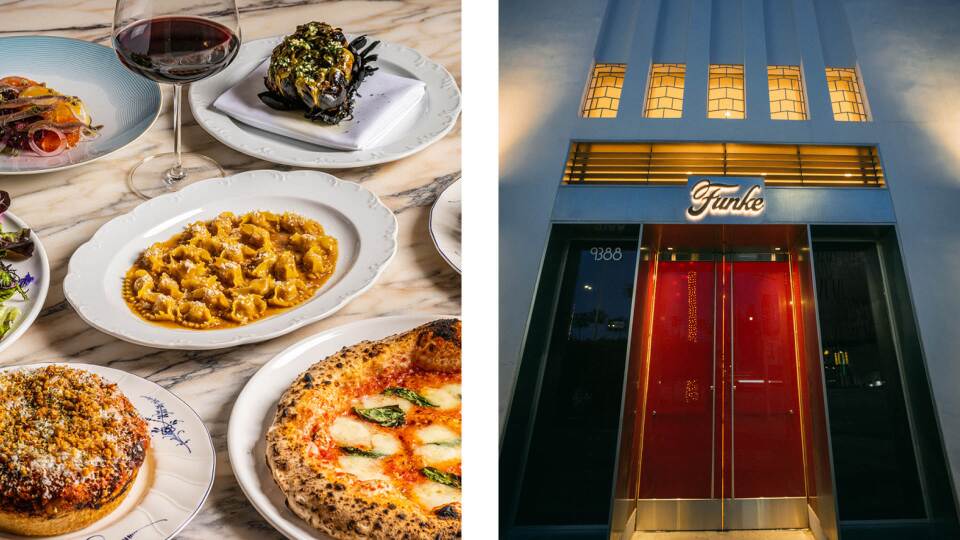 A collage of side-by-side images: On the left, a stone table top is adorned with one plate after another holding Italian favorites including delicate ravioli, a roasted and stuffed artichoke, and a pizza with fresh basil torn on top. The photo on the right shows the dramatic entrance to Funke, with its deep red doors flanked by black panels, all set off by strategic lighting. 