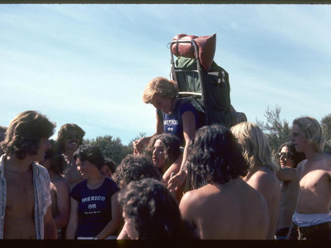 Supporters celebrate with Teddi Boston (center) when she completes the Pacific Crest Trail in October 1976. 