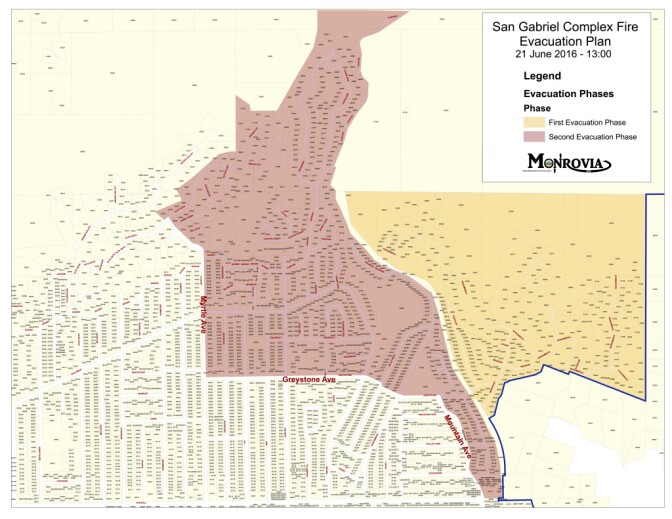 Monrovia Deputy City Manager Lauren Vasquez said should evacuations due to the San Gabriel Complex Fire be required the city has a two-phase plan. The first phase includes all residents living east of Norumbega Drive, where it runs parallel to the Sawpit Wash, and north of Greystone Avenue. The second phase includes all residents living east of Myrtle Avenue and north of Greystone Avenue, and east of Shamrock and north of Foothill.