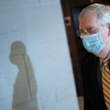 US Senate Majority Leader Senator Mitch McConnell arrives for a briefing with intelligence officials on Capitol Hill about reports of Russia paying bounties for the killing of US troops in Afghanistan, July 2, 2020, in Washington, DC. (Photo by Brendan Smialowski / AFP) (Photo by BRENDAN SMIALOWSKI/AFP via Getty Images)