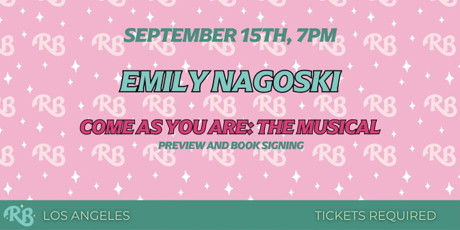 Blue text EMILY NAGOSKI and pink text COME AS YOU ARE: THE MUSICAL against a pink pattern background