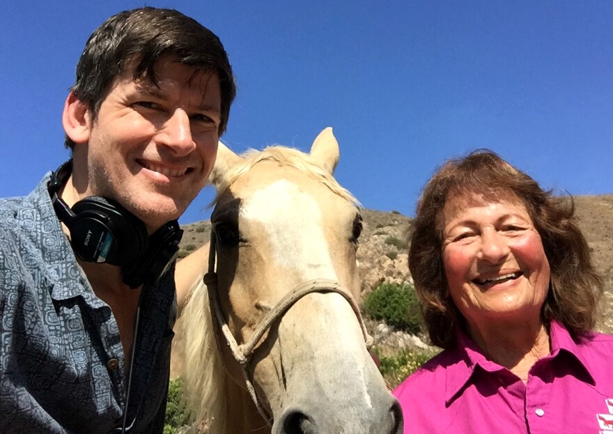 (L-R) KPCC's John Rabe, Crystal the palomino mustang, and Ruth Gerson.