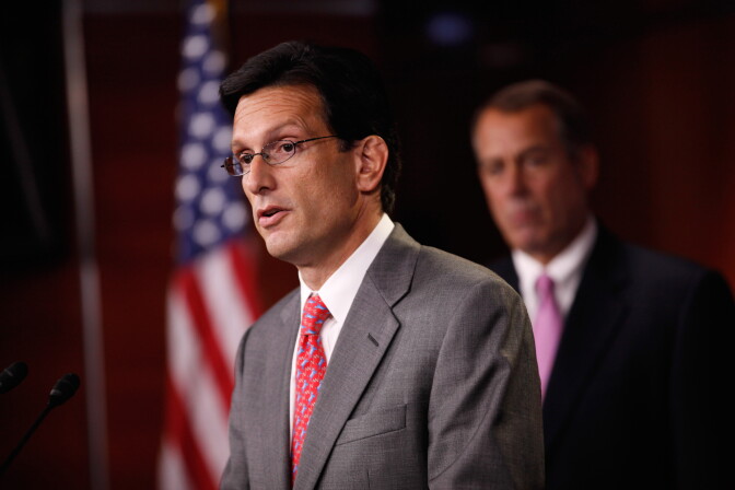 WASHINGTON, DC - SEPTEMBER 23:  House Majority Leader Rep. Eric Cantor (R-VA) holds a news conference about the budget continuing resolution passed by the House near midnight September 23, 2011 in Washington, DC. Cantor said that Senate Majority Leader Sen. Harry Reid (D-NV) is playing politics when he says the bill does not include enough money for disaster relief and will not take up the legislation.  (Photo by Chip Somodevilla/Getty Images)