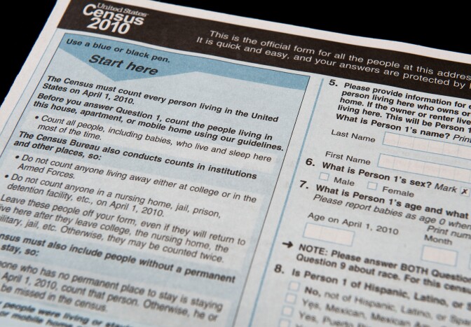 The official US Census form,  pictured on March 18, 2010 in Washington, DC, is required to be filled out and returned to the US Government by April 1, 2010.   The all-important US tally determines everything from the number of seats a district is entitled in the US Congress, to the amount of dollars jurisdictions are given for federal projects. The first census was taken in 1790, when the population of the country was less than the current population of Los Angeles -- around four million.  AFP PHOTO / Paul J. RICHARDS (Photo credit should read PAUL J. RICHARDS/AFP/Getty Images)