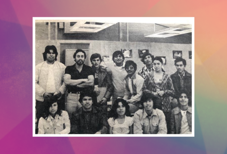A vintage school newspaper photo from the 1970s shows several Latino teens, boys and girls, posing for a photo in a classroom.