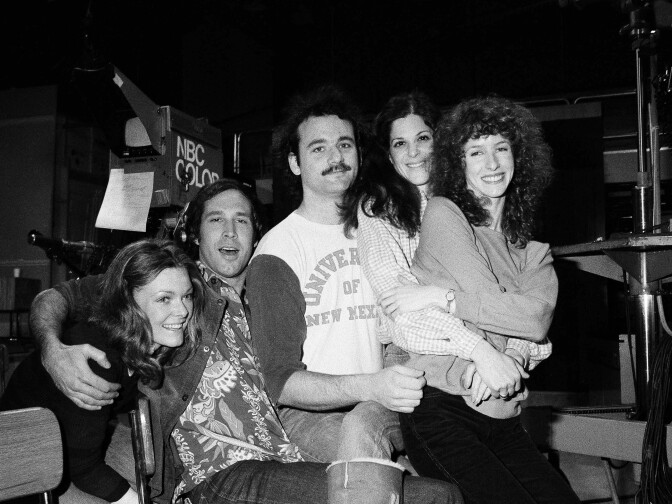 File: Comedian Chevy Chase, second from left, joins cast of NBC-TV's "Saturday Night Live," Feb. 16, 1978 in New York. Others are, from left, Jane Curtin, Bill Murray, Gilda Radner, and Laraine Newman. 


