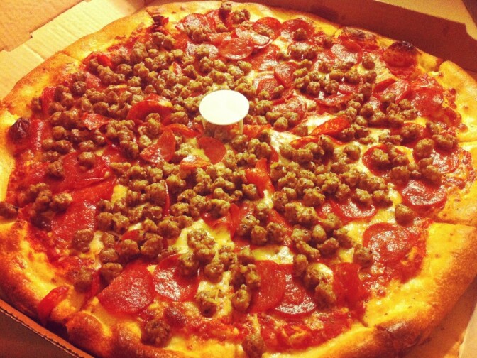 One of the famous 5,969-calorie pizzas from Joe Peeps NY Pizza in North Hollywood.