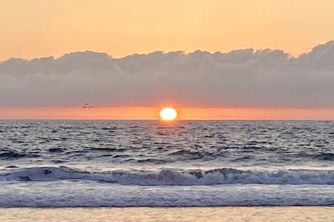 sun sets into the sea, making horizon orange 