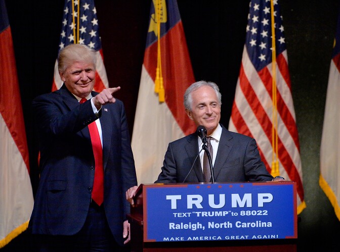 RALEIGH, NC - JULY 5:  Presumptive Republican presidential nominee Donald Trump stands next to Sen. Bob Corker (R-TN) during a campaign event at the Duke Energy Center for the Performing Arts  on July 5, 2016 in Raleigh, North Carolina. Earlier in the day Hillary Clinton campaigned in Charlotte, North Carolina with President Barack Obama. (Photo by Sara D. Davis/Getty Images) 