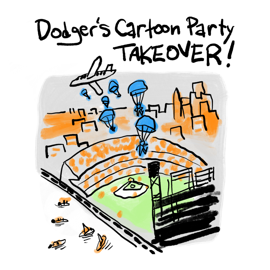 An image showing a plane dropping blue paratroopers down into Dodger Stadium, with a title reading Dodgers' Cartoon Party TAKEOVER!
