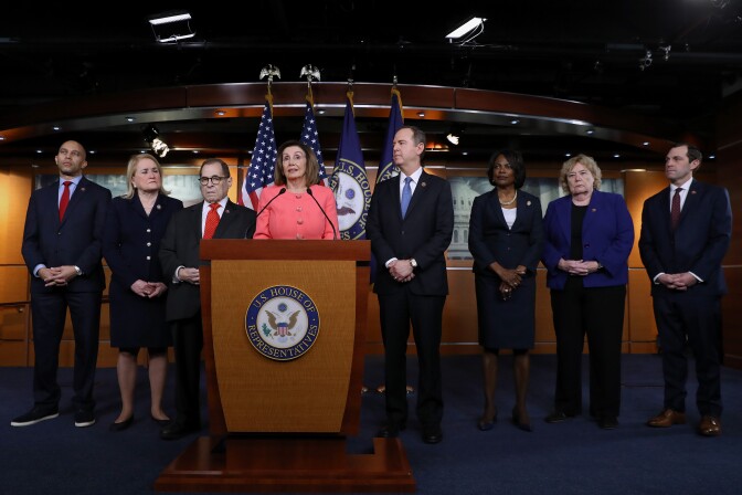 WASHINGTON, DC - JANUARY 15: U.S. Speaker of the House Nancy Pelosi (D-CA) (C) announces the appointment of (L-R) Rep. Hakeem Jeffries (D-NY), Rep. Sylvia Garcia (D-TX), Rep. Jerrold Nadler (D-NY), Rep. Adam Schiff (D-CA), Rep. Val Demings (D-FL), Rep. Zoe Lofgren (D-CA) and Rep. Jason Crow (D-CO) as managers of the Senate impeachment trial of President Donald Trump at the U.S. Capitol January 15, 2020 in Washington, DC. The House of Representatives is scheduled to vote to send the articles of impeachment to the Senate later in the day and Senate Majority Leader Mitch McConnell (R-KY) said the trial will begin next Tuesday. (Photo by Chip Somodevilla/Getty Images)