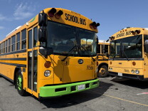A yellow bus with a green fender. Black letters above the windshield read "SCHOOL BUS." 