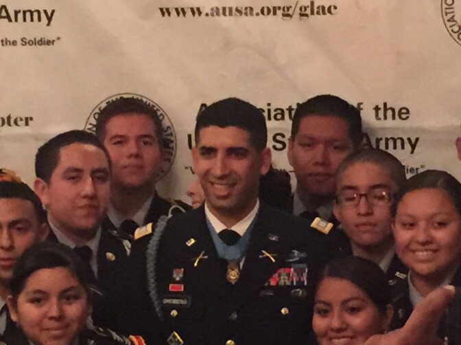Captain Florent Groberg with local high school junior ROTC cadets.